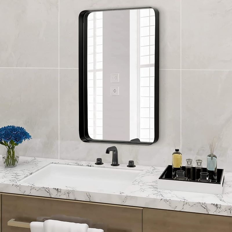 Photo 1 of 22”X30” LOAAO Black Bathroom Mirror for Wall, Metal Framed Vanity Mirror, Rectangular Rounded Corner Mirror with Premium Stainless Steel Frame(Matte Black Trim)