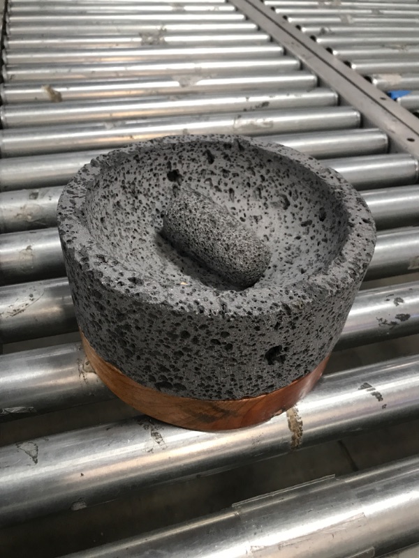 Photo 1 of Mexican Molcajete Yolia "Soul" 8 inches Made of Volcanic Stone and Parota Wood Base, Mexican Mortar and Pestle
