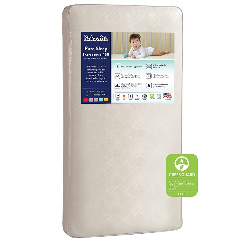 Photo 1 of Kolcraft Pure Sleep Therapeutic Waterproof Toddler and Baby Crib Mattress - 150 Heavy Gauge Steel Coils - Made in USA, 52"x28", Extra Firm
