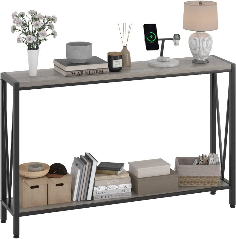 Photo 1 of ***COVER PHOTO FOR REFERENCE*** Grey Console Table, 47.2" Grey Entryway Table with Storage, Wood and Metal 2-Tier Narrow Long Sofa Table with Shelf, Behind Couch Table, Console Table for Entryway, Living Room, Hallway, Foyer
