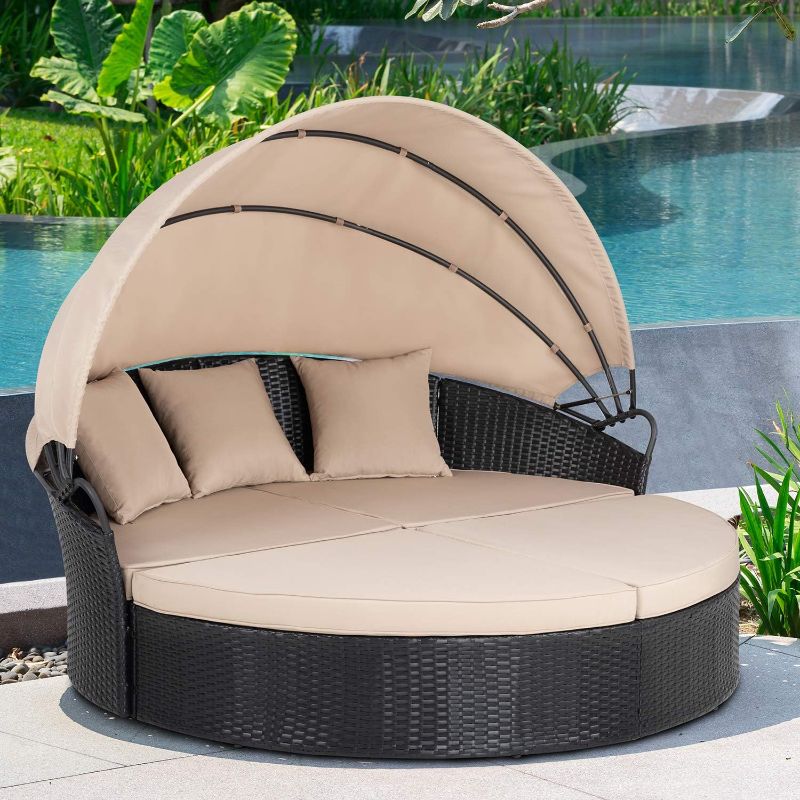 Photo 1 of ****box 1 only INCOMPLETE*****JY QAQA Patio Furniture Outdoor Lawn Backyard Poolside Garden Round Daybed with Retractable Canopy Wicker Rattan Sectional Round Sofa, Seating Separates Cushioned Seats Beige…
