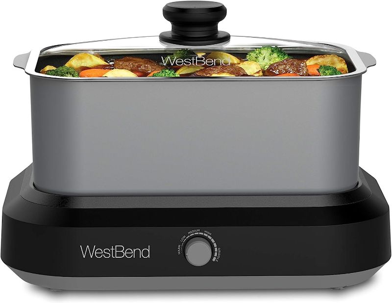 Photo 1 of West Bend 87905 Slow Cooker Large Capacity Non-stick Variable Temperature Control Includes Travel Lid and Thermal Carrying Case, 5-Quart, Silver
