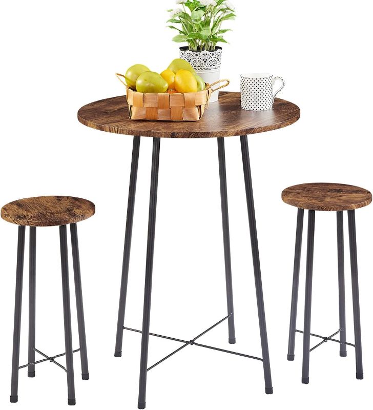 Photo 1 of VECELO Small Bar Table and Chairs, Round Bistro Sets with 2 barstools, 3-Piece Pub Dining Furniture, Counter Height Wood Top for Breakfast Dinner Coffee Nap Conference, Easy Assembly, Brown

