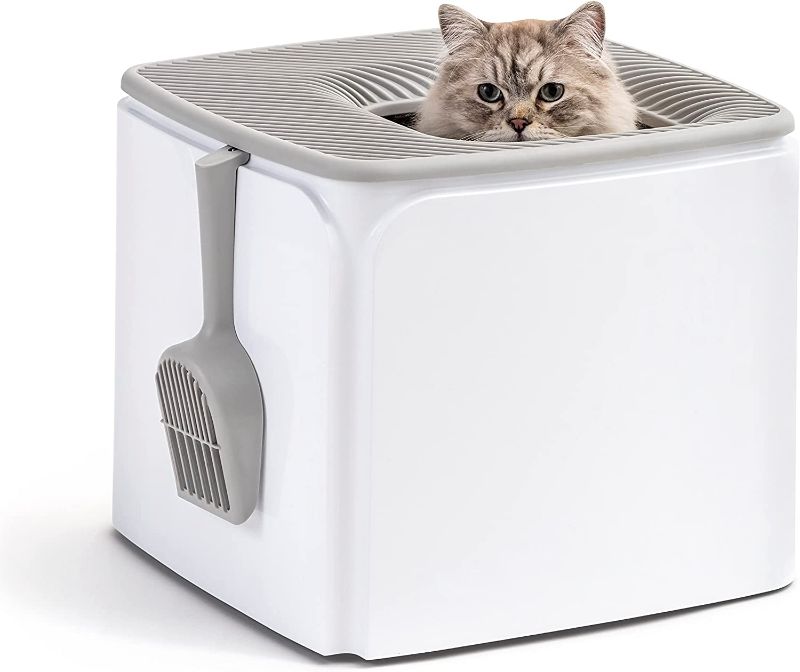 Photo 1 of IRIS USA Premium Square Top Entry Cat Litter Box with Scoop, Kitty Litter Pan with Litter Particle Catching Cover and Privacy Walls, White/Gray
