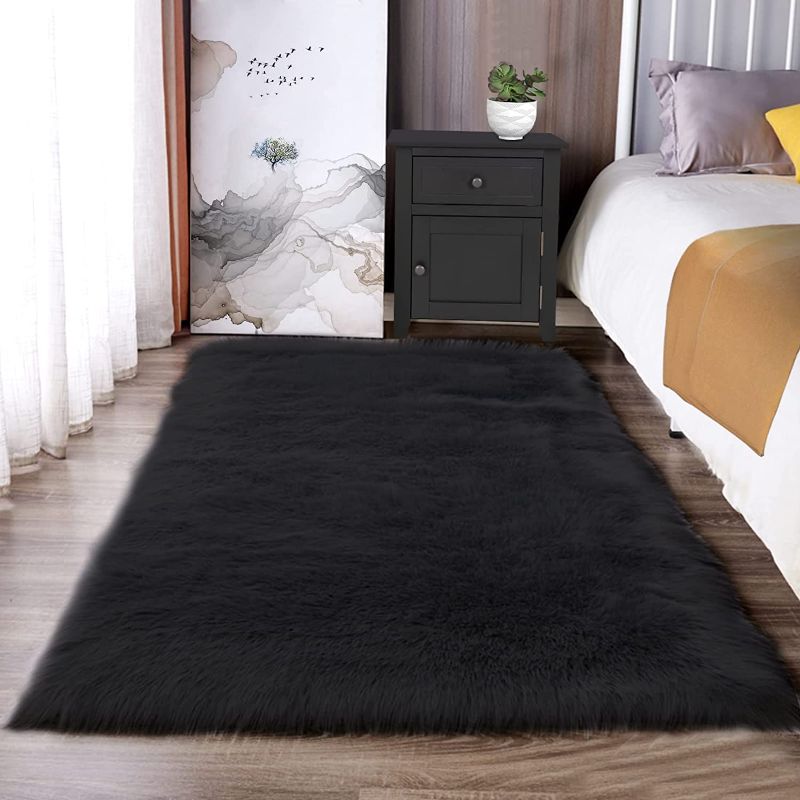Photo 1 of Black Rugs for Bedroom 3x5 Rug Throw Rugs Shag Rug Washable Faux Fur Rug Sheepskin Rug for Living Room Floor Rug Plush Soft Rug Cute Room Decor Rectangle
