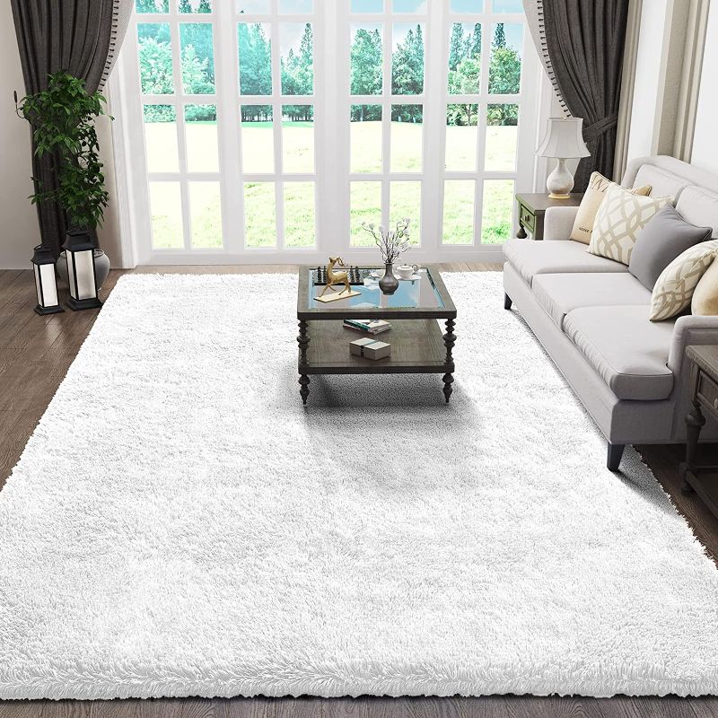 Photo 1 of  9x12' ft White, Large Fluffy Shag Fuzzy Plush Soft Living Room Area Rug