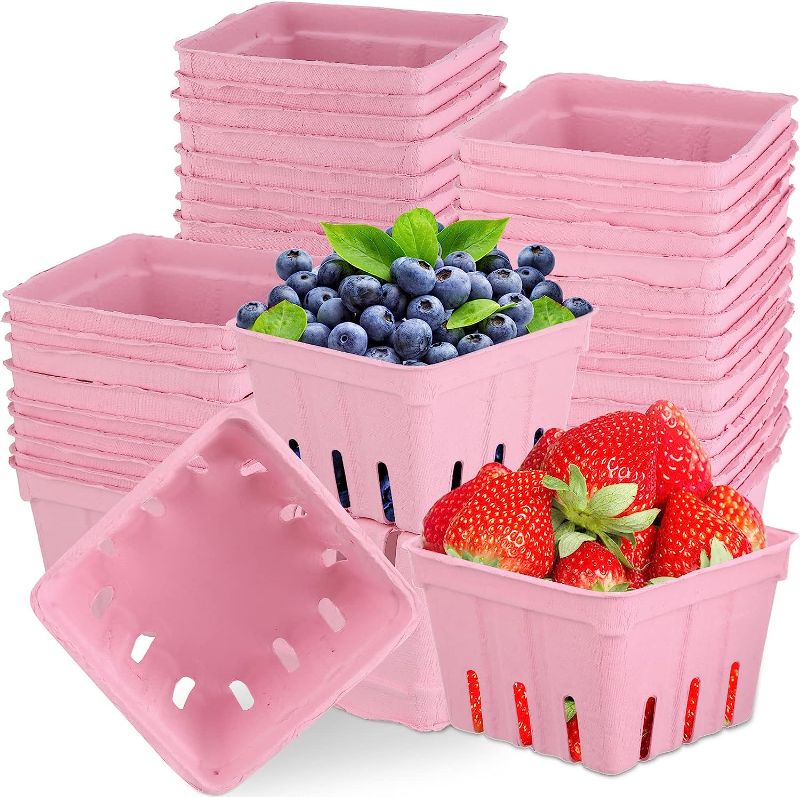 Photo 1 of 150 Pack Molded Pulp Fiber Berry Baskets, 4.3 x 4.3 x 3 Inch 1 Pint Produce Vented Containers Strawberry Fruit Baskets for Vegetable Food Farmer Market Grocery Stores, Pink