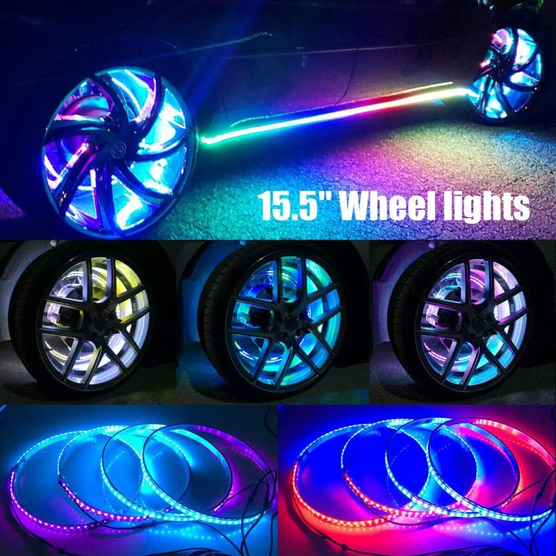 Photo 1 of **MISSING ALL HARDWARE AND NON-LIGHT ELECTRONICS** HUNDA Hundalights 15.5" Set 4 Dancing/Chasing Flow illuminated LED Wheel Rings Lights for Truck All JEEP Offroad BLUETOOTH Controller