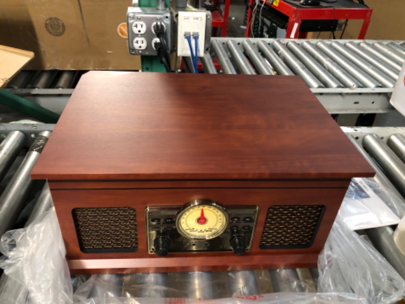 Photo 5 of Victrola VTA-250B-MAH 4-in-1 Nostalgic Bluetooth Record Player with 3-Speed Turntable FM Radio and Aux-in Mahogany