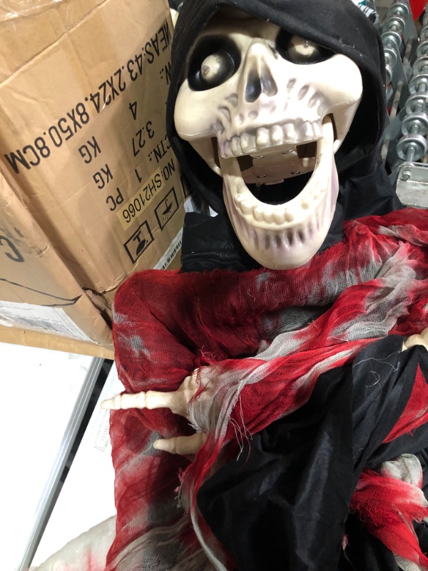 Photo 2 of Vmonke 6FT Skeleton Reaper Talking Scare Prop Animatronic for Indoor or Covered Outdoor Creepy Halloween Decoration (Death Skeleton)