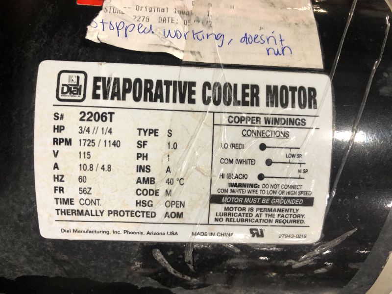 Photo 5 of [NOTES] Dial 2-Speed 1/2 HP 115- Volt Permanently Lubricated Evaporative Cooler Motor