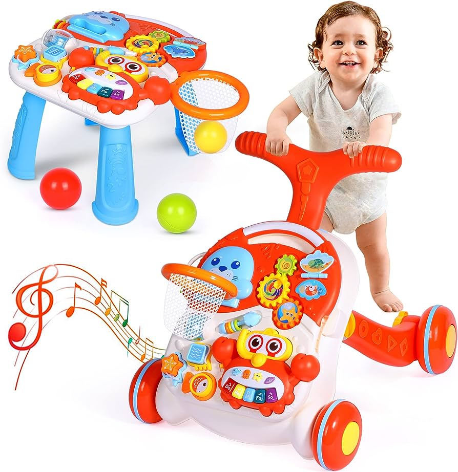 Photo 1 of 2-in-1 Baby Walker for Girls Boys, Sit to Stand Learning Walker and Activity Center Table, Educational Baby Push Walker, Musical Infant Toys for 1 Year Old Kids Birthday Gift for 6 9 12 18 24 Months