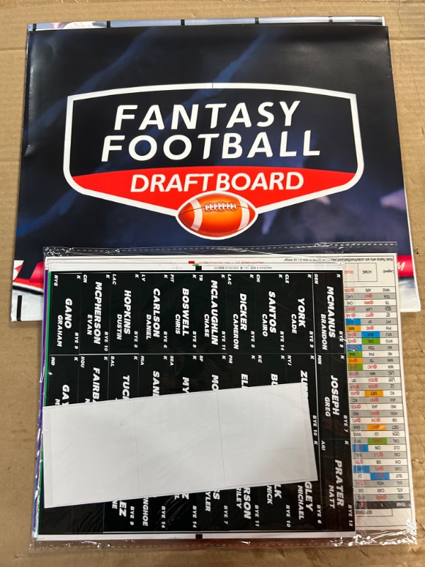 Photo 1 of Fantasy Football Draft Board 2023-2024 Kit - XL Fantasy Football Draft Board 3.2 x 2.66 Feet- 500+ Player Stickers - 12 Team x 20 Rounds, 6PK