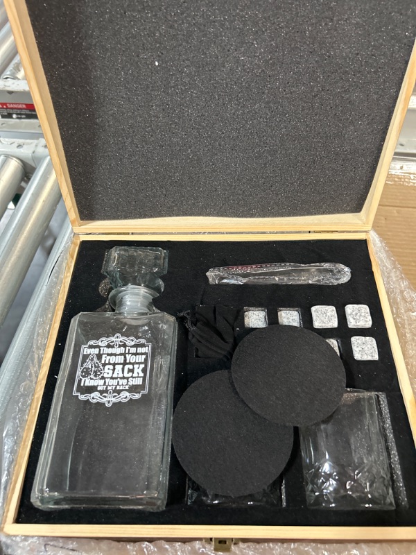 Photo 2 of Whiskey Decanter Set with Glasses, Crystal Decanter – 2 Whiskey Glasses 9 Chilling Stones with Tongs and 2 Coasters in Wooden Box