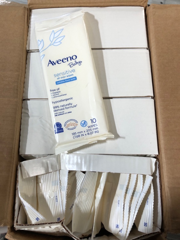 Photo 2 of Aveeno Baby Sensitive All Over Wipes, Hypoallergenic, Paraben-& Fragrance-Free 10ct (Pack of 48, 480 Total Wipes)