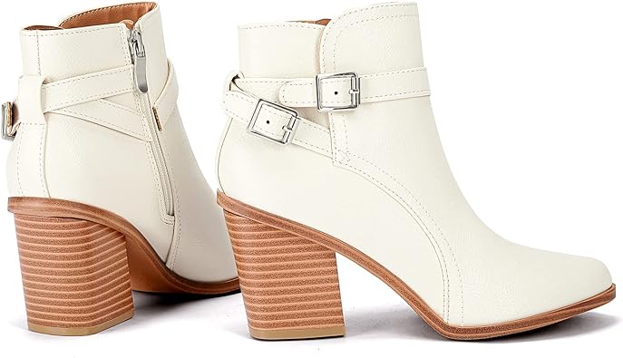 Photo 1 of LAICIGO Women’s Pointed Toe Short Boots Chunky Stacked Heel Zipper White 8