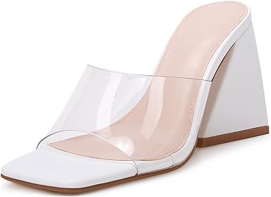 Photo 1 of Women's Heeled Sandals Square Open Toe Slip on Block Heels Mules White 9