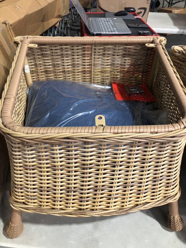 Photo 2 of allen + roth Serena Park Set of 2 Wicker Light Brown Steel Frame Stationary Dining Chair(s) with Blue Cushioned Seat