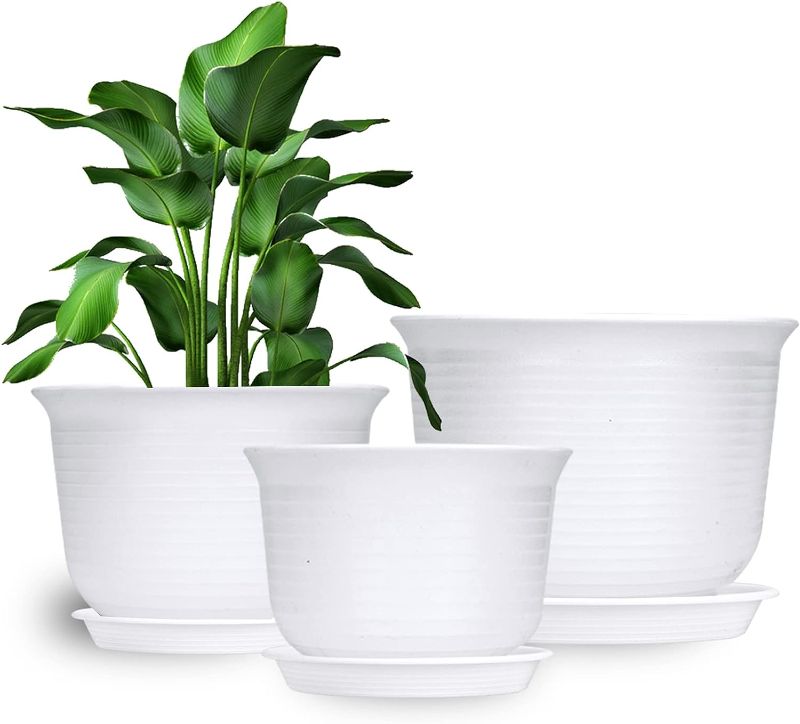 Photo 1 of 12 Inch 10 Inch 9 Inch Plant Pots, Rifny Extra Large Planters for Indoor Plants with Drainage Holes and Tray, Set of 3 Flower Pots Modern White 