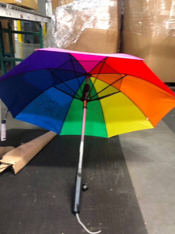 Photo 2 of **see notes**
MISTERBREEZE Mister Breeze Sun Umbrella with Built in Fan and Mister System. Perfect for Festivals, Amusement Parks, Sporting Events or anywhere you want to Keep your Cool - Rainbow