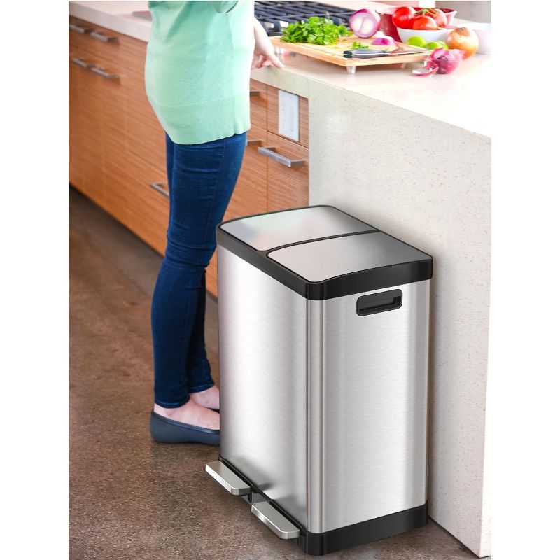 Photo 1 of **SEE NOTES**
iTouchless 16 Gallon Dual Step Trash Can & Recycle, Stainless Steel Lid and Bin Body with Handle, Includes 2 x 8 Gallon (60L) Removable Buckets are Color-Coded, Soft-close and Airtight Lid, Silver
