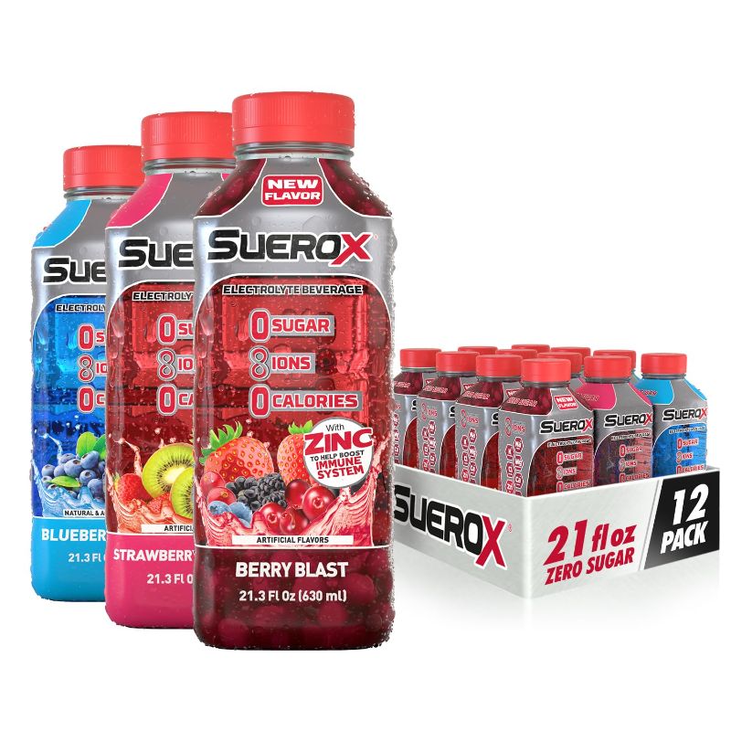 Photo 1 of **SEE PICS**
SueroX Zero Sugar Electrolyte Drink for Hydration and Recovery, Unique Blend of Electrolytes & 8 Ions, Zero Calorie Sports Drink, 21.3 Fl Oz, Berry Blend Pack, 12 Count
