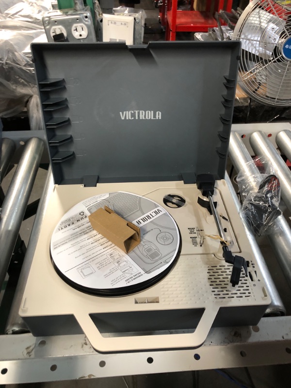 Photo 3 of Victrola Re-Spin Sustainable Suitcase Vinyl Record Player, 3-Speed (33 1/3, 45 & 78 RPM), Belt-Driven Bluetooth Turn Table with Built-in Bass Radiator, 3.5mm Headphone Jack, Gray Gray Re-Spin