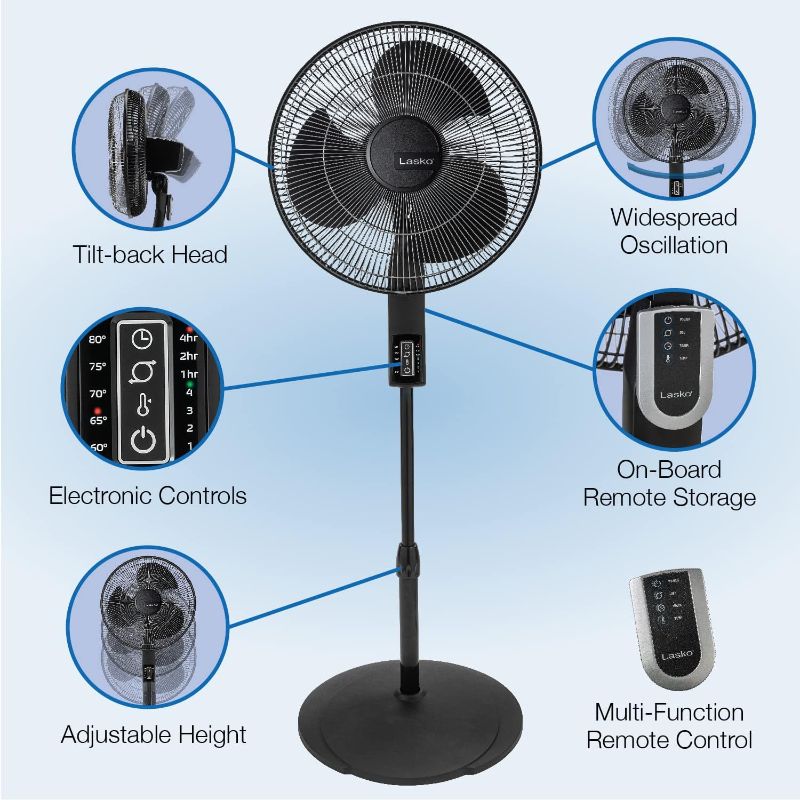 Photo 2 of Lasko Oscillating Pedestal Fan, Thermostat, Adjustable Height, Remote Control, Timer, 4 Speeds, for Bedroom, Living Room, Office & Dorm, 16", Black