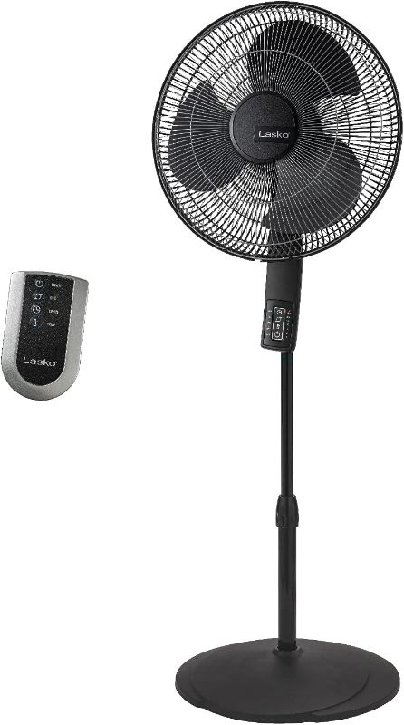 Photo 1 of Lasko Oscillating Pedestal Fan, Thermostat, Adjustable Height, Remote Control, Timer, 4 Speeds, for Bedroom, Living Room, Office & Dorm, 16", Black