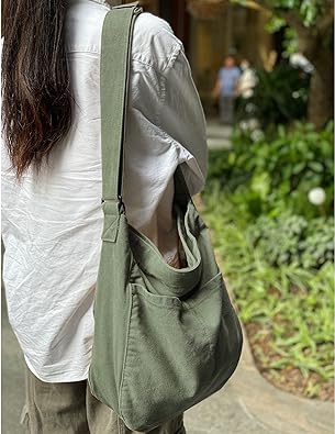 Photo 3 of Canvas Hobo Crossbody Shoulder Tote Bag for Women and Men W/Multi-pocket (green)
