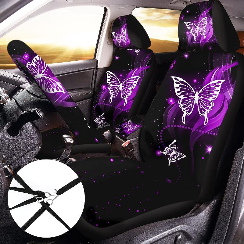 Photo 2 of 15 Pcs Butterfly Car Seat Covers Full Set Butterfly Front Rear Seat Covers Steering Wheel Cover Wrist Strap Coasters Armrest Shoulder Pads (Purple Glitter Butterfly Style)
