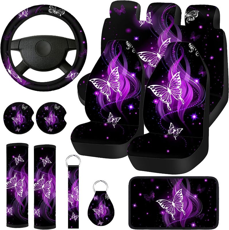 Photo 1 of 15 Pcs Butterfly Car Seat Covers Full Set Butterfly Front Rear Seat Covers Steering Wheel Cover Wrist Strap Coasters Armrest Shoulder Pads (Purple Glitter Butterfly Style)
