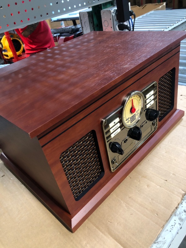 Photo 3 of Victrola Nostalgic 6-in-1 Bluetooth Record Player & Multimedia Center with Built-in Speakers - 3-Speed Turntable, CD & Cassette Player, FM Radio | Wireless Music Streaming | Mahogany Mahogany Entertainment Center