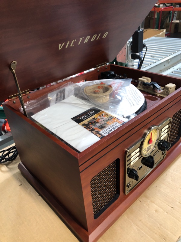 Photo 4 of Victrola Nostalgic 6-in-1 Bluetooth Record Player & Multimedia Center with Built-in Speakers - 3-Speed Turntable, CD & Cassette Player, FM Radio | Wireless Music Streaming | Mahogany Mahogany Entertainment Center