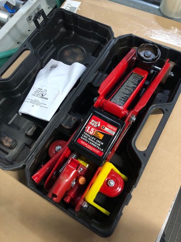 Photo 2 of BIG RED T820014S Torin Hydraulic Trolley Service/Floor Jack with Blow Mold Carrying Storage Case, 1.5 Ton (3,000 lb) Capacity, Red RED 1.5 Ton (3,000 lb)