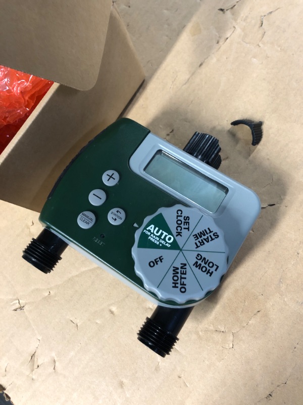 Photo 2 of **USED/DAMAGED**
Orbit 58910 Programmable Hose Faucet Timer, 2 Outlet, Green 2-Outlet