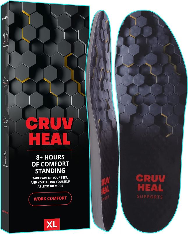 Photo 1 of (New) Work Comfort Orthotic Insoles - Anti Fatigue Shoe Insert Men Women - Neutral Arch - Shock Absorption - Foot Pain Relief - Work Boot Insoles (Black Hexagons, XL)

