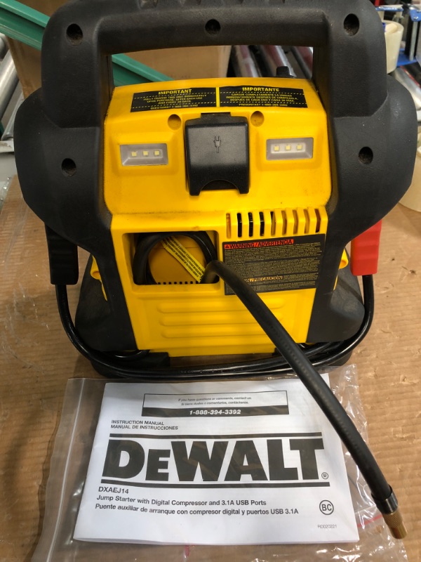 Photo 4 of DEWALT DXAEJ14 Digital Portable Power Station Jump Starter: 1400 Peak/700 Instant Amps, 120 PSI Digital Air Compressor, 3.1A USB Ports, Battery Clamps , Yellow