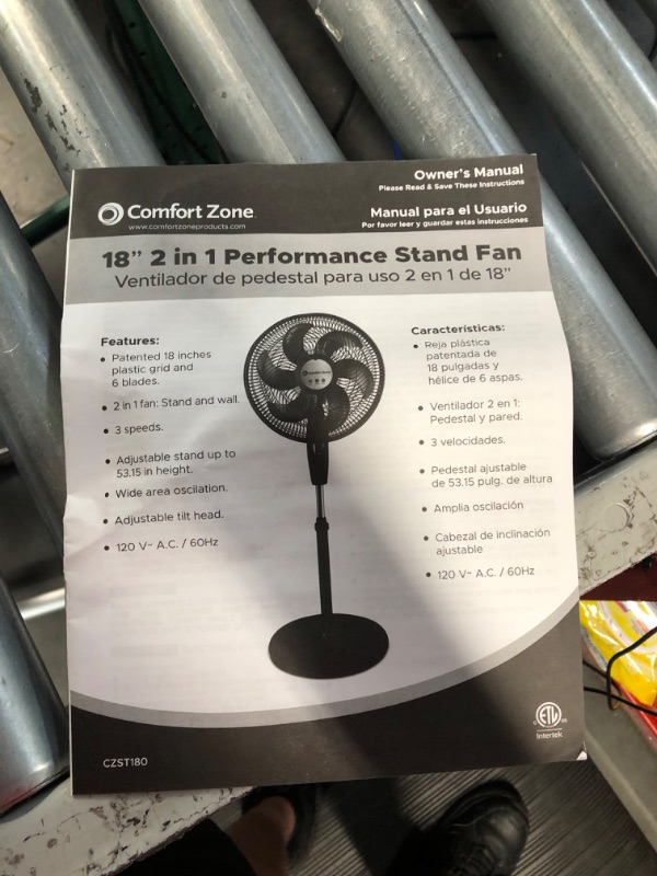 Photo 3 of **OPEN PREVIOUSLY**  Comfort Zone CZST180BK PowrCurve Pedestal Fan, 6 Blades, Tri-Curve Grill, 180-Degree Adjustable Tilt, 3-Speed, 18-inch, Black