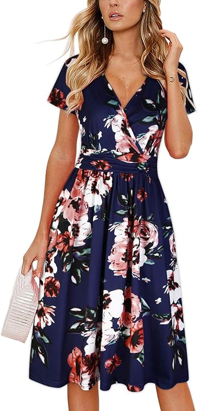 Photo 1 of OUGES Women's Summer Short Sleeve V-Neck Floral Short Party Dress with Pockets