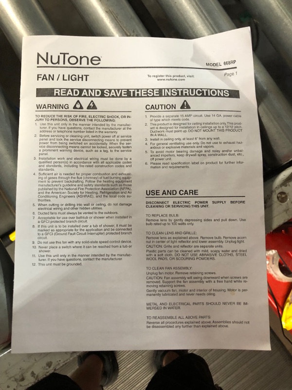 Photo 2 of **PARTS ONLY** Broan-NuTone 668RP Ceiling Bathroom Exhaust Fan and Light Combo, 100-Watt Incandescent Lighting & BROAN NuTone 678 Ventilation Fan