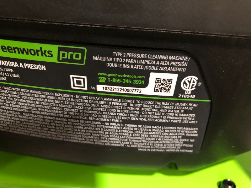 Photo 6 of ***LIGHTS UP WHEN PLUGGED IN - UNABLE TO TEST FURTHER***
Greenworks 3000 PSI (1.1 GPM) TruBrushless Electric Pressure Washer (PWMA Certified)
