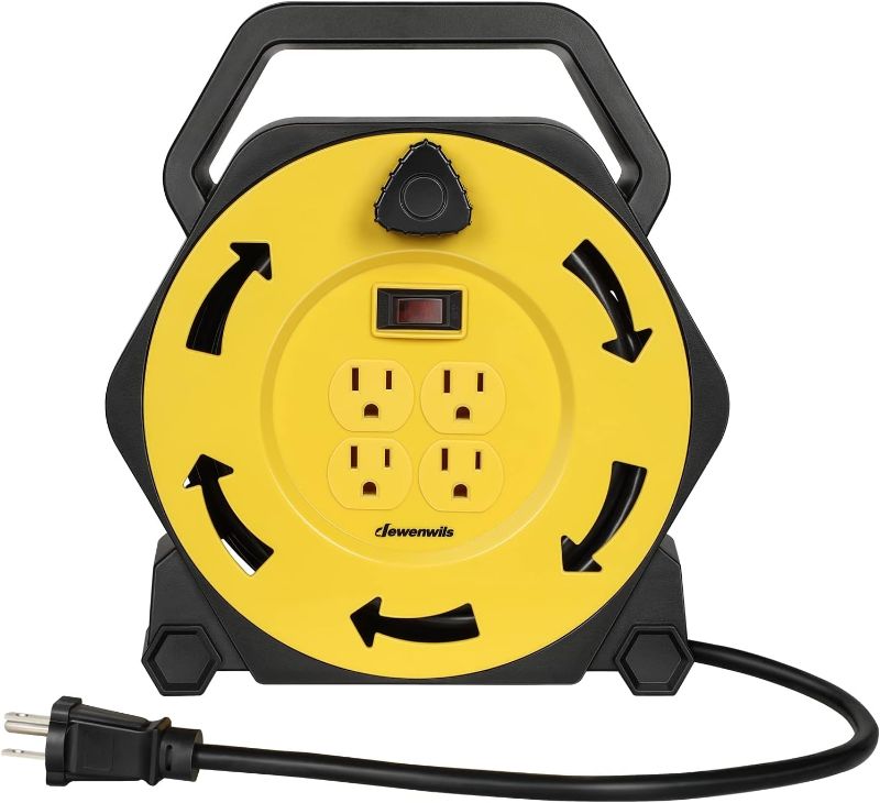 Photo 1 of **STOCK PHOTO JUST FOR REFERENCE**
DEWENWILS Extension Cord Reel with 25 FT Power Cord, Hand Wind Retractable, 16/3 AWG SJTW, 4 Grounded Outlets, 13 Amp Circuit Breaker, Yellow, Black, UL Listed
