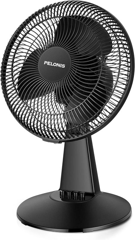 Photo 1 of PELONIS Table Fan 12-Inch Oscillating Table Fan Small Portable Electric Plug-In Desk Fan 3-Speeds Adjustable Tilt Head for Bedroom and Office Black
