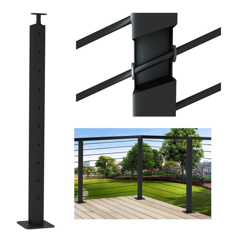 Photo 1 of 1 Cable Railing Post 42 1/4"x2"x2" Black Finish, For stairs and deck handrails?can be installed on wood or concrete floor. (Stair Inclined Hole Post, Black)