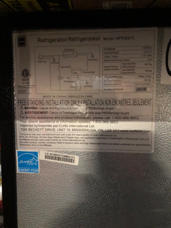 Photo 3 of **PARTS ONLY NON REFUNDABLE NO RETURNS SOLD AS IS *****RCA RFR322 Mini Refrigerator, Compact Freezer Compartment, Adjustable Thermostat Control, Reversible Door, Ideal Fridge for Dorm, Office, Apartment, Platinum Stainless, 3.2 Cubic Feet