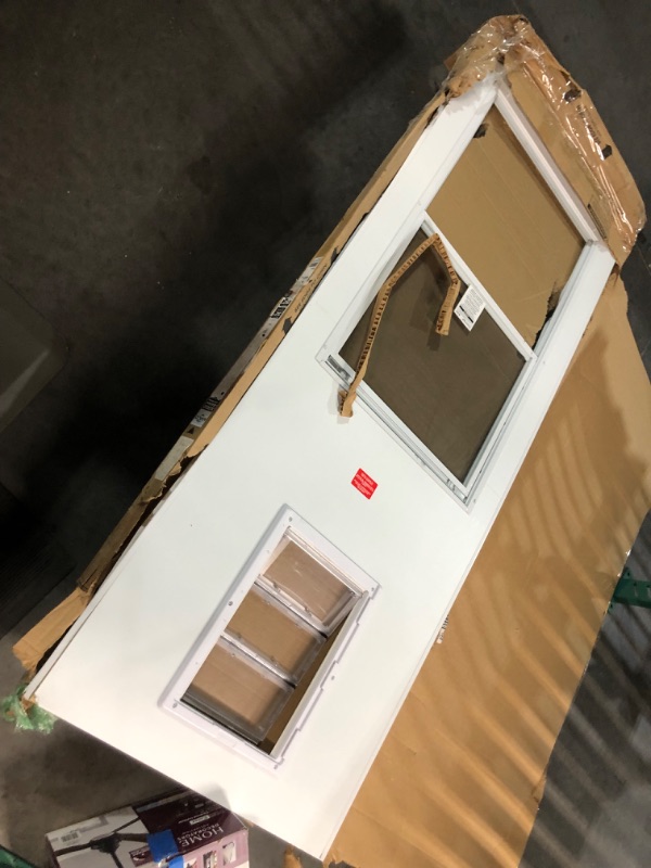 Photo 13 of ***USED - MAJOR DAMAGE - MISSING PARTS - SEE COMMENTS***
EMCO 32 in. x 80 in. White Universal 1/2 Light Pet Entry Aluminum Storm Door with Black Hardware