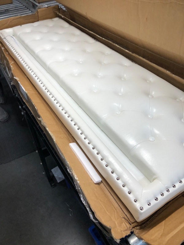 Photo 2 of ***DAMAGED - SEE COMMENTS***
White Faux Tufted Leather Bed Headboard with LED Strips, White, Queen Size, 64" Wide