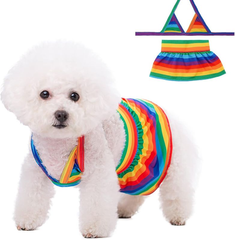 Photo 1 of Dog Bikini Swimsuit Summer Doggie Bathing Dress Leopard Rainbow Cat Skirt Beach Outfit for Puppy Dog Cat (XS, Rainbow)