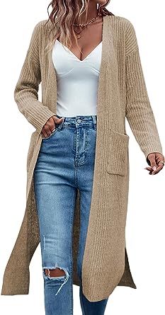 Photo 1 of Danedvi Long Cardigan Sweaters for Women 2023 Fall Open Front Knit Oversized Cardigans Duster Coat with Pockets
